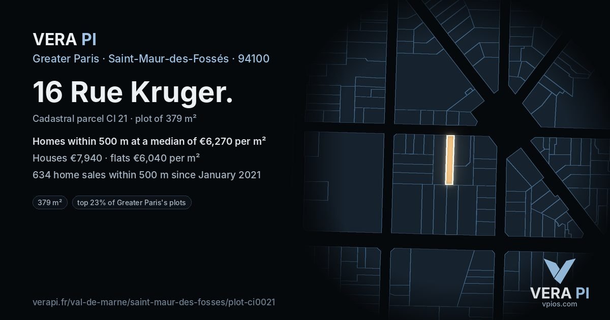 16 Rue Kruger, Saint-Maur-des-Fossés at night – the plot lit, the parcels around coloured by the prices near them