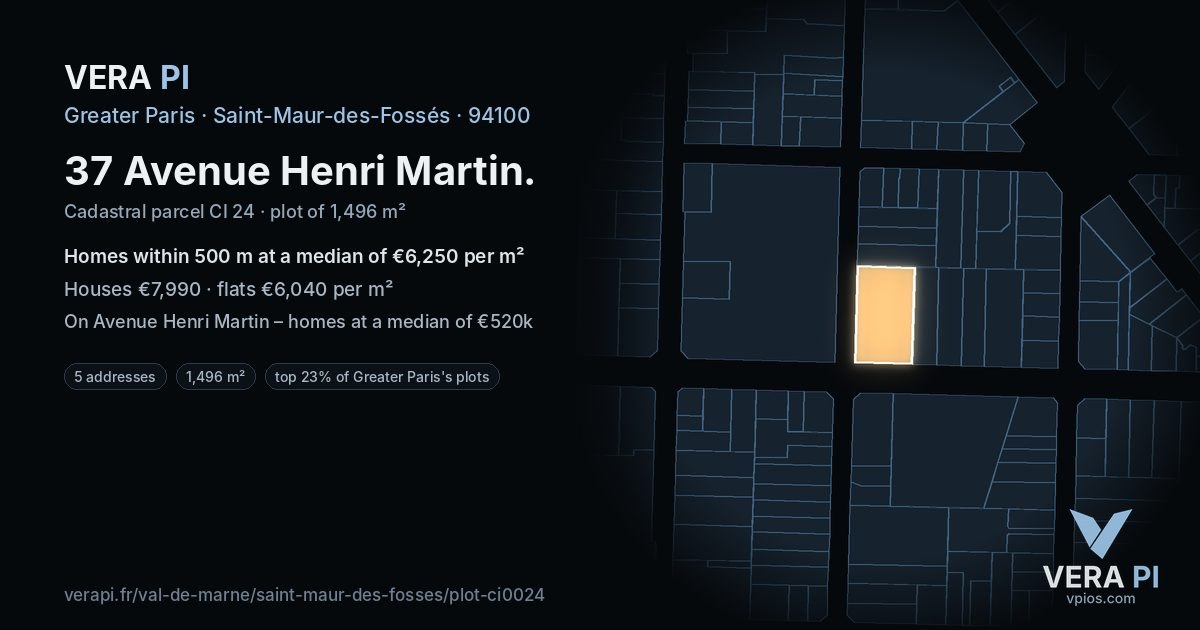 37 Avenue Henri Martin, Saint-Maur-des-Fossés at night – the plot lit, the parcels around coloured by the prices near them