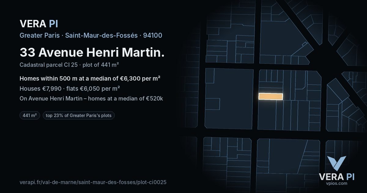 33 Avenue Henri Martin, Saint-Maur-des-Fossés at night – the plot lit, the parcels around coloured by the prices near them