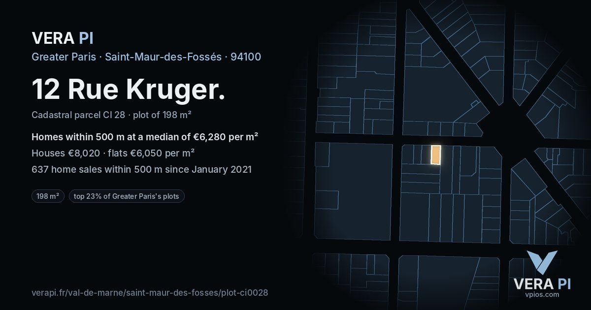 12 Rue Kruger, Saint-Maur-des-Fossés at night – the plot lit, the parcels around coloured by the prices near them