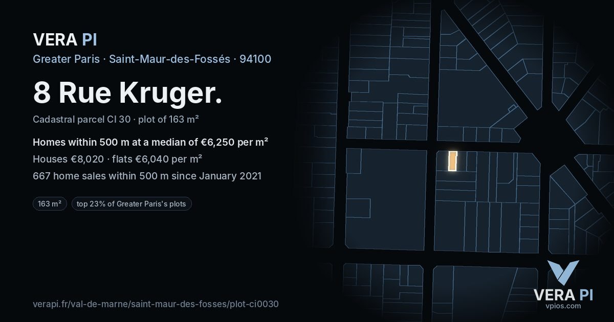 8 Rue Kruger, Saint-Maur-des-Fossés at night – the plot lit, the parcels around coloured by the prices near them