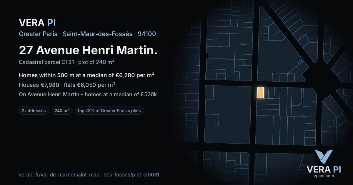 27 Avenue Henri Martin, Saint-Maur-des-Fossés at night – the plot lit, the parcels around coloured by the prices near them