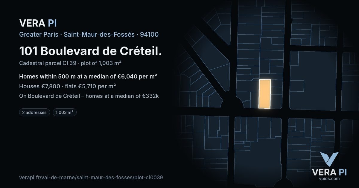 101 Boulevard de Créteil, Saint-Maur-des-Fossés at night – the plot lit, the parcels around coloured by the prices near them
