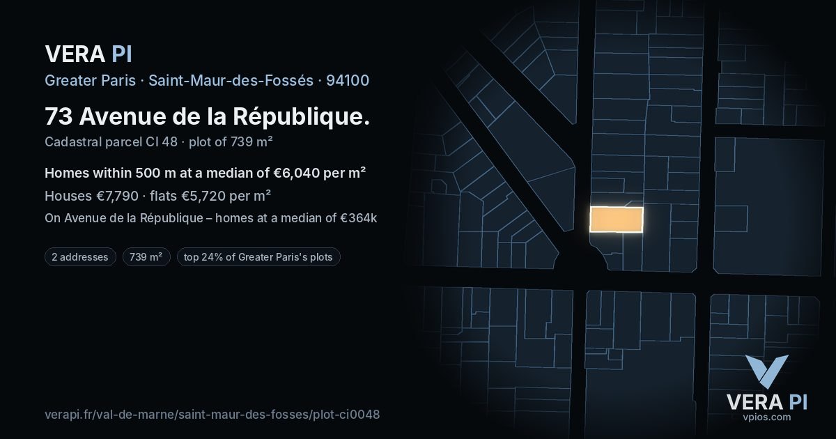 73 Avenue de la République, Saint-Maur-des-Fossés at night – the plot lit, the parcels around coloured by the prices near them