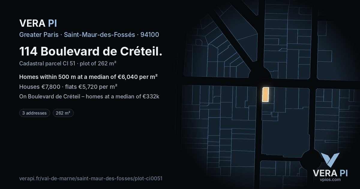 114 Boulevard de Créteil, Saint-Maur-des-Fossés at night – the plot lit, the parcels around coloured by the prices near them