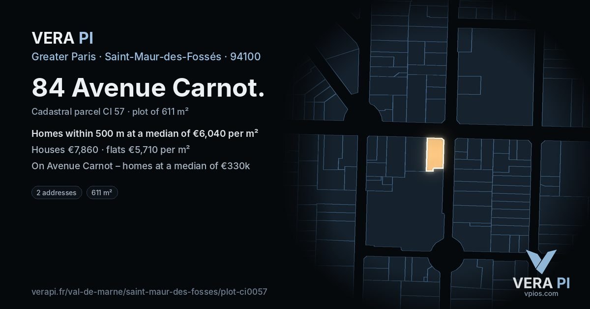 84 Avenue Carnot, Saint-Maur-des-Fossés at night – the plot lit, the parcels around coloured by the prices near them