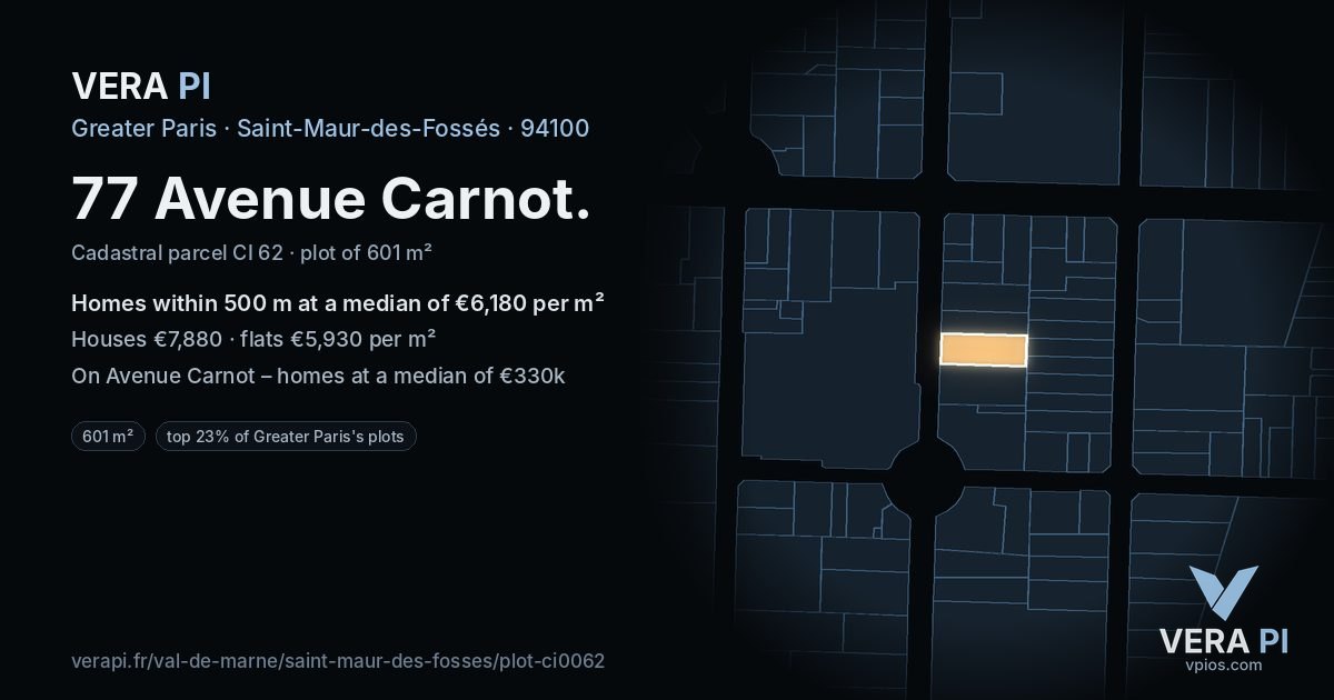 77 Avenue Carnot, Saint-Maur-des-Fossés at night – the plot lit, the parcels around coloured by the prices near them