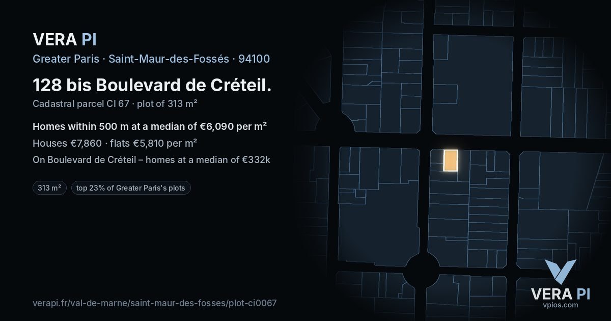 128 bis Boulevard de Créteil, Saint-Maur-des-Fossés at night – the plot lit, the parcels around coloured by the prices near them