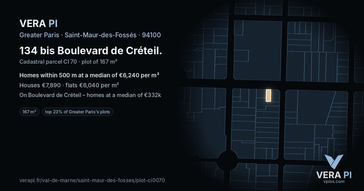 134 bis Boulevard de Créteil, Saint-Maur-des-Fossés at night – the plot lit, the parcels around coloured by the prices near them
