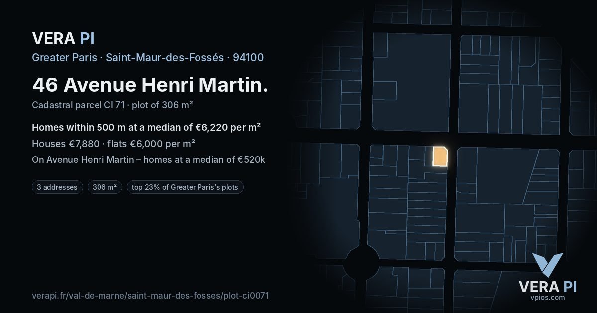46 Avenue Henri Martin, Saint-Maur-des-Fossés at night – the plot lit, the parcels around coloured by the prices near them