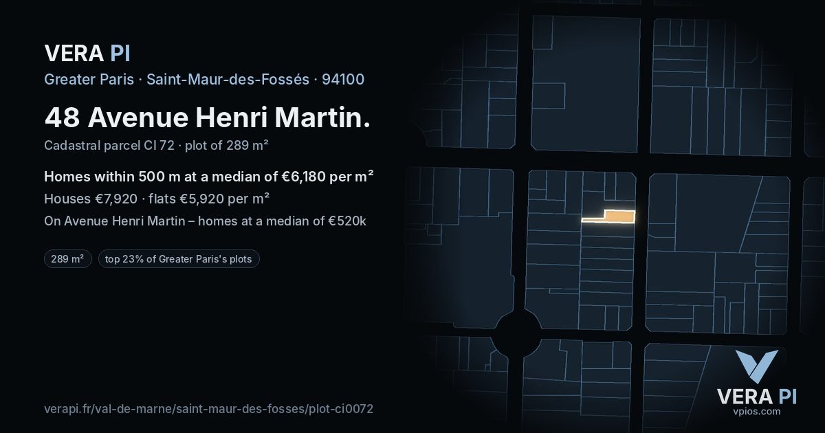 48 Avenue Henri Martin, Saint-Maur-des-Fossés at night – the plot lit, the parcels around coloured by the prices near them