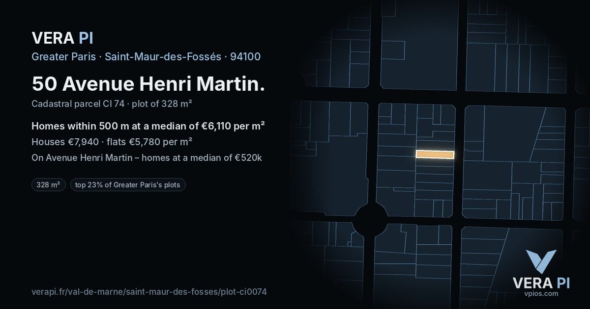50 Avenue Henri Martin, Saint-Maur-des-Fossés at night – the plot lit, the parcels around coloured by the prices near them