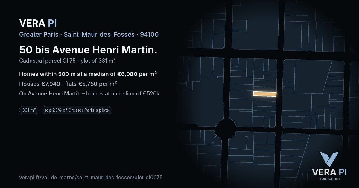 50 bis Avenue Henri Martin, Saint-Maur-des-Fossés at night – the plot lit, the parcels around coloured by the prices near them