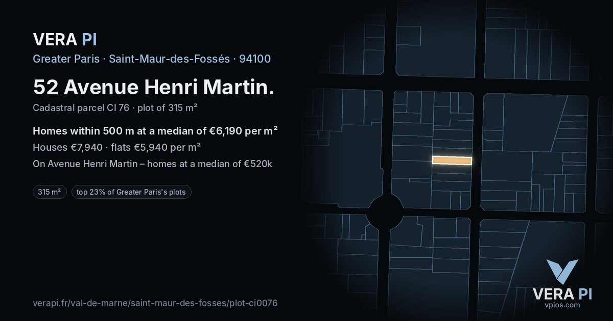 52 Avenue Henri Martin, Saint-Maur-des-Fossés at night – the plot lit, the parcels around coloured by the prices near them