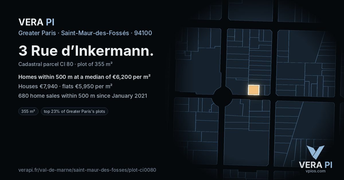 3 Rue d’Inkermann, Saint-Maur-des-Fossés at night – the plot lit, the parcels around coloured by the prices near them