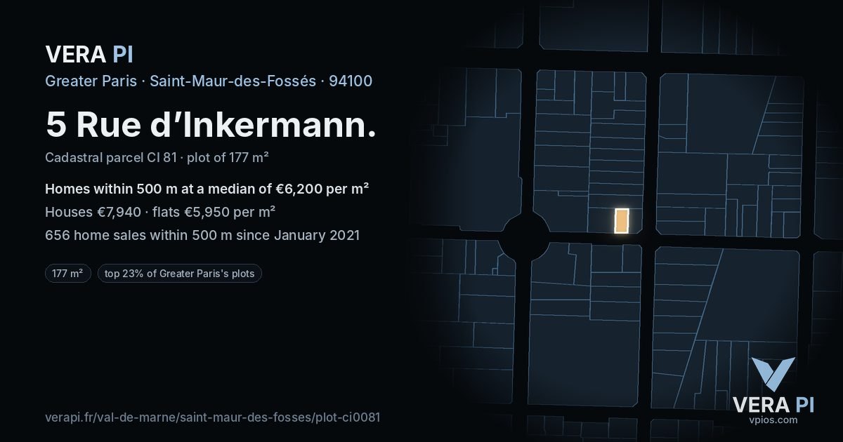 5 Rue d’Inkermann, Saint-Maur-des-Fossés at night – the plot lit, the parcels around coloured by the prices near them