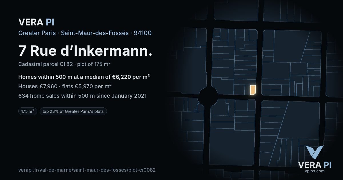 7 Rue d’Inkermann, Saint-Maur-des-Fossés at night – the plot lit, the parcels around coloured by the prices near them