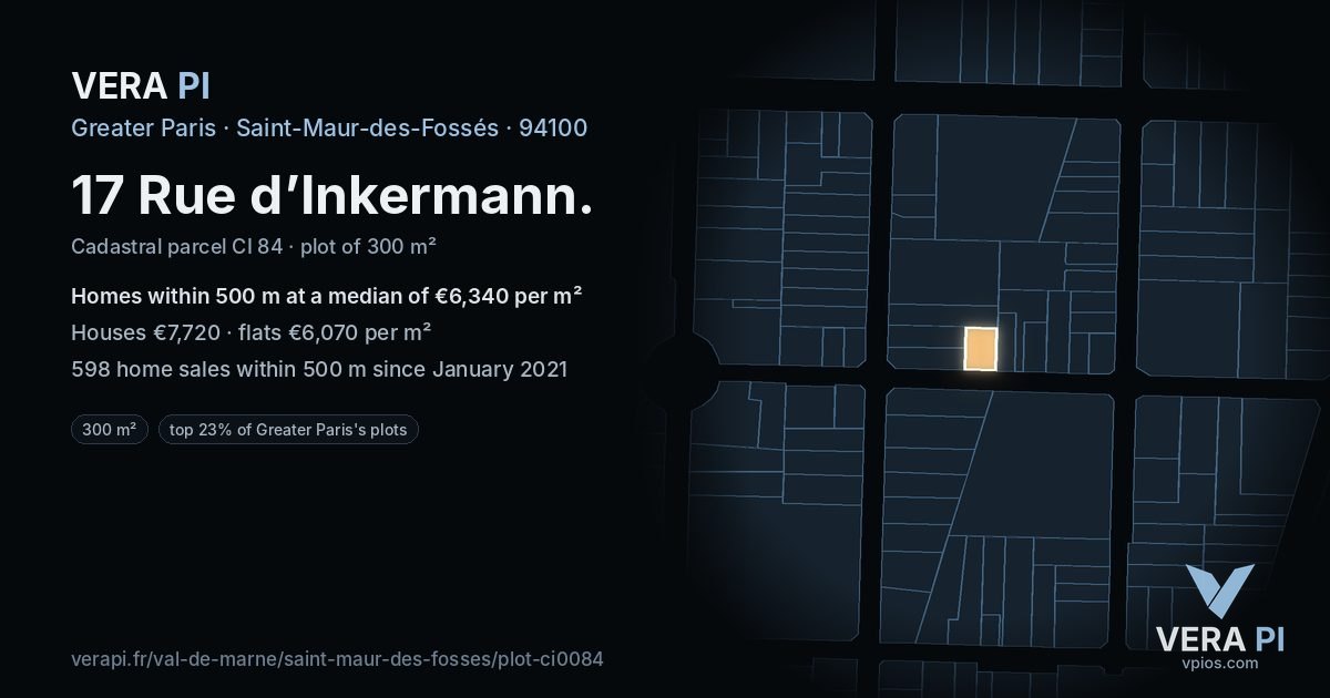 17 Rue d’Inkermann, Saint-Maur-des-Fossés at night – the plot lit, the parcels around coloured by the prices near them