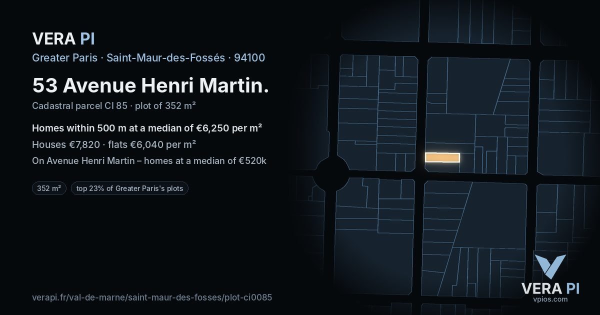 53 Avenue Henri Martin, Saint-Maur-des-Fossés at night – the plot lit, the parcels around coloured by the prices near them