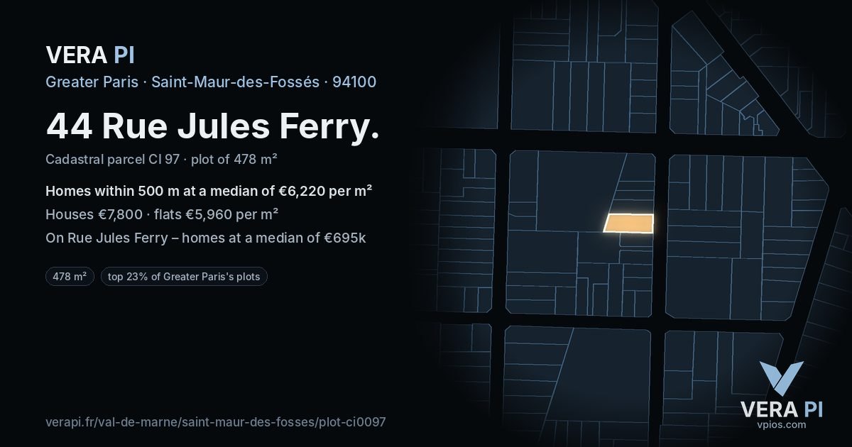 44 Rue Jules Ferry, Saint-Maur-des-Fossés at night – the plot lit, the parcels around coloured by the prices near them