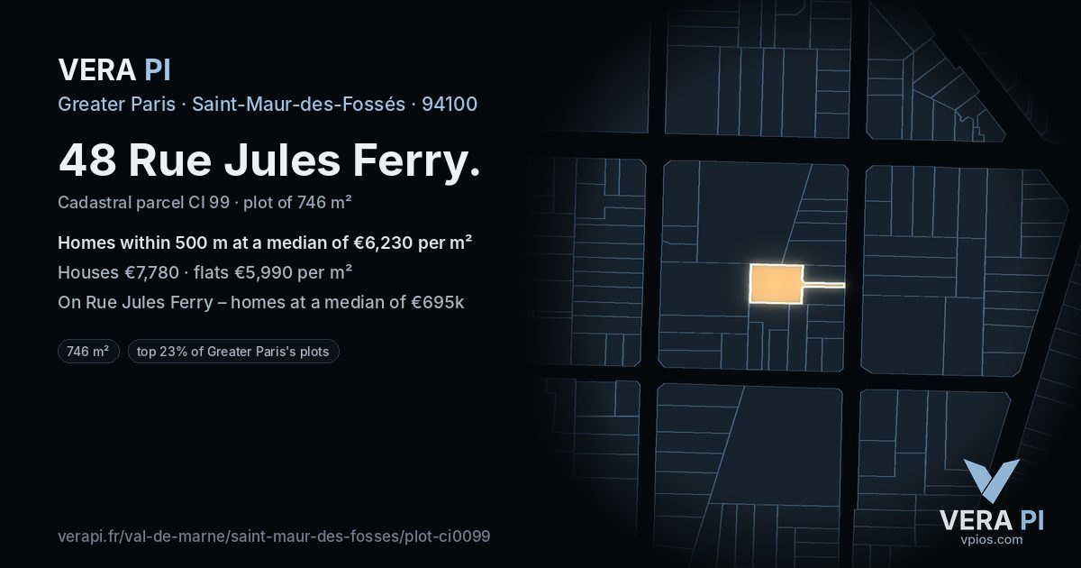 48 Rue Jules Ferry, Saint-Maur-des-Fossés at night – the plot lit, the parcels around coloured by the prices near them