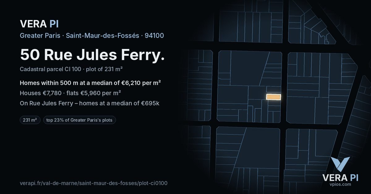 50 Rue Jules Ferry, Saint-Maur-des-Fossés at night – the plot lit, the parcels around coloured by the prices near them