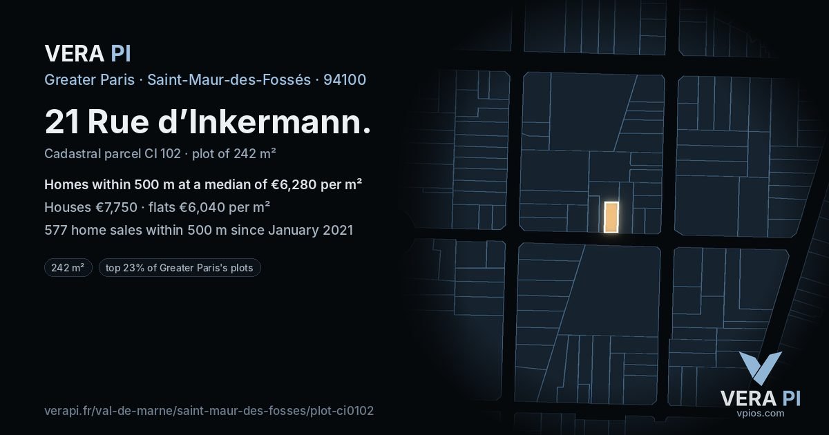 21 Rue d’Inkermann, Saint-Maur-des-Fossés at night – the plot lit, the parcels around coloured by the prices near them