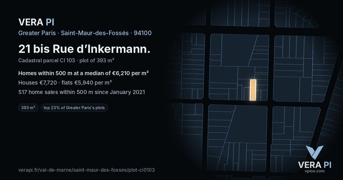 21 bis Rue d’Inkermann, Saint-Maur-des-Fossés at night – the plot lit, the parcels around coloured by the prices near them