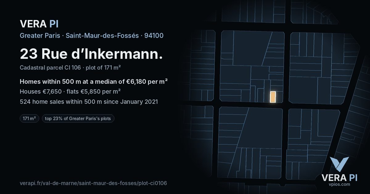 23 Rue d’Inkermann, Saint-Maur-des-Fossés at night – the plot lit, the parcels around coloured by the prices near them
