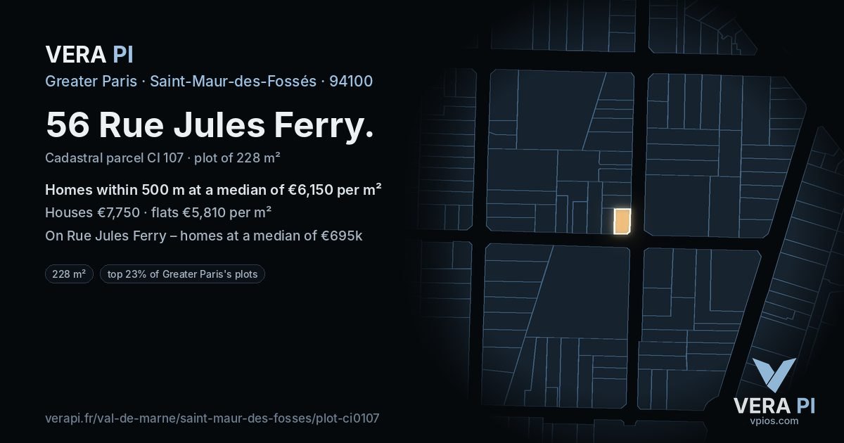 56 Rue Jules Ferry, Saint-Maur-des-Fossés at night – the plot lit, the parcels around coloured by the prices near them