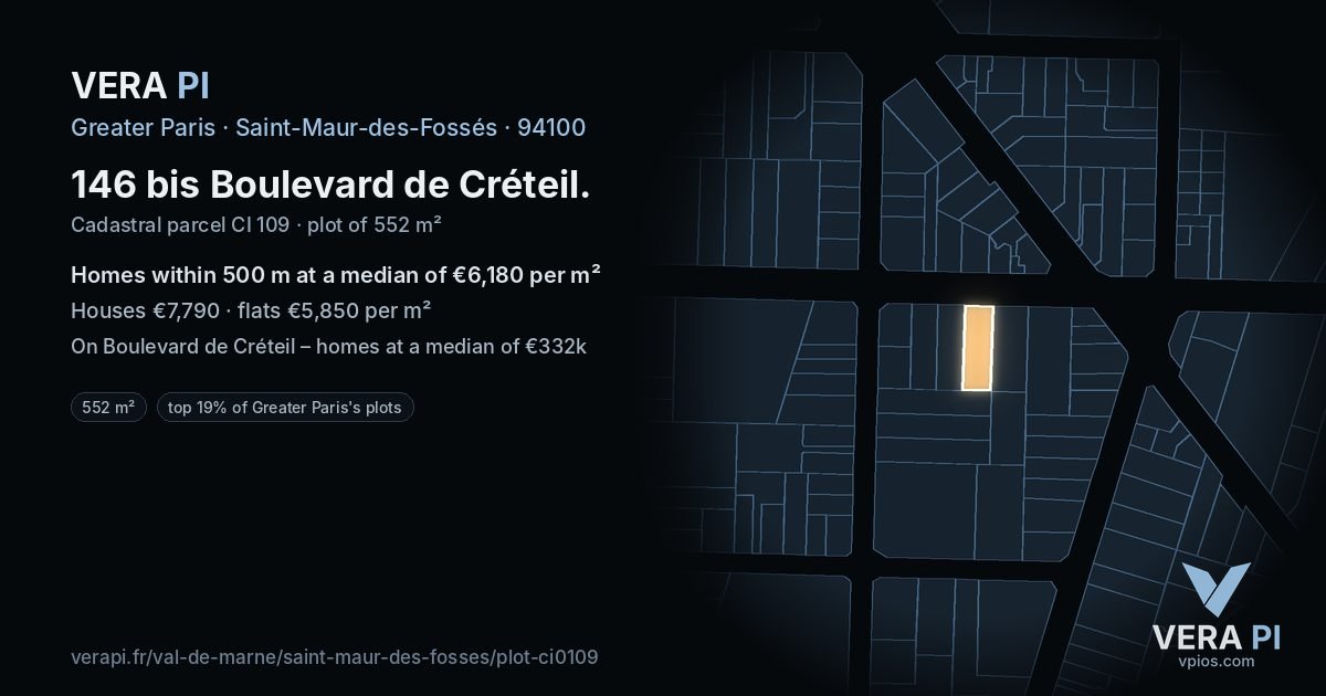146 bis Boulevard de Créteil, Saint-Maur-des-Fossés at night – the plot lit, the parcels around coloured by the prices near them