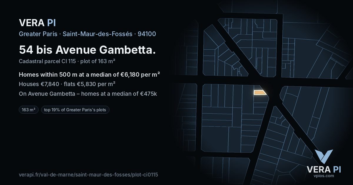 54 bis Avenue Gambetta, Saint-Maur-des-Fossés at night – the plot lit, the parcels around coloured by the prices near them