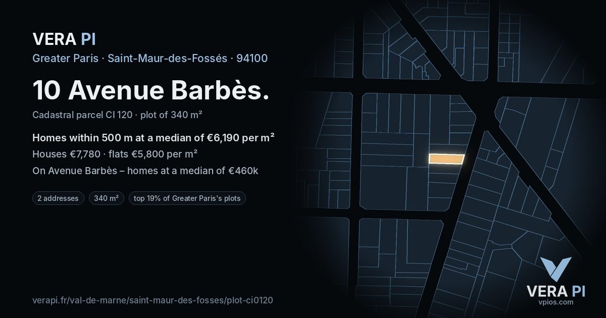 10 Avenue Barbès, Saint-Maur-des-Fossés at night – the plot lit, the parcels around coloured by the prices near them