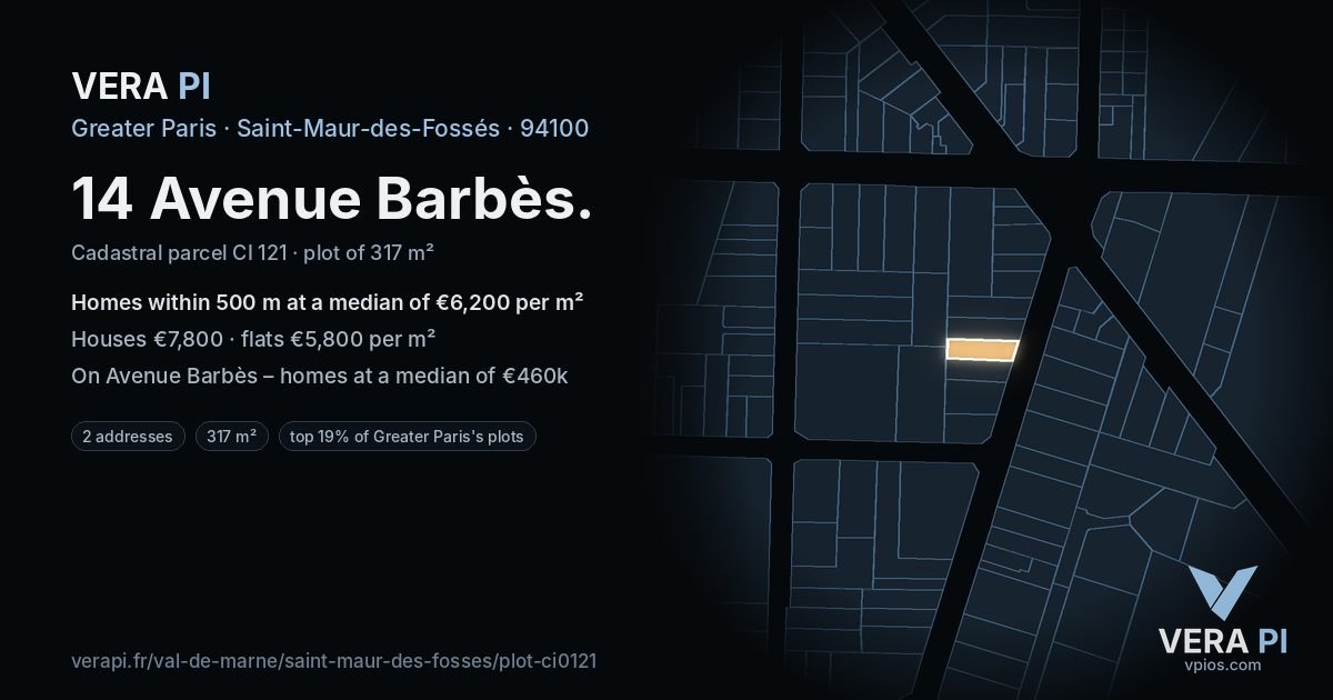 14 Avenue Barbès, Saint-Maur-des-Fossés at night – the plot lit, the parcels around coloured by the prices near them