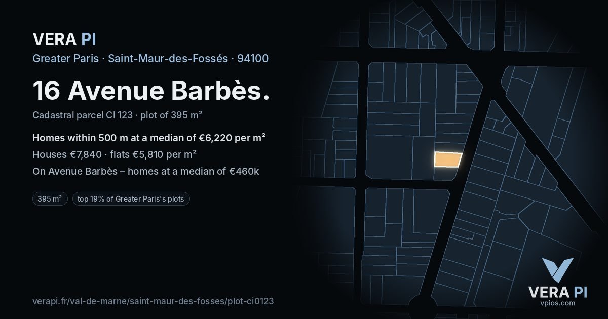 16 Avenue Barbès, Saint-Maur-des-Fossés at night – the plot lit, the parcels around coloured by the prices near them