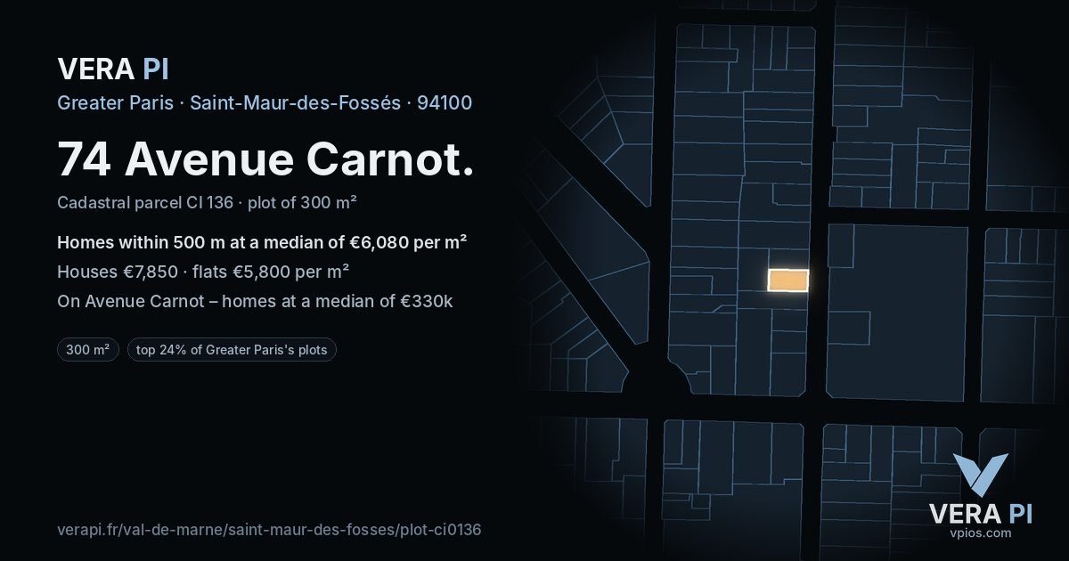 74 Avenue Carnot, Saint-Maur-des-Fossés at night – the plot lit, the parcels around coloured by the prices near them