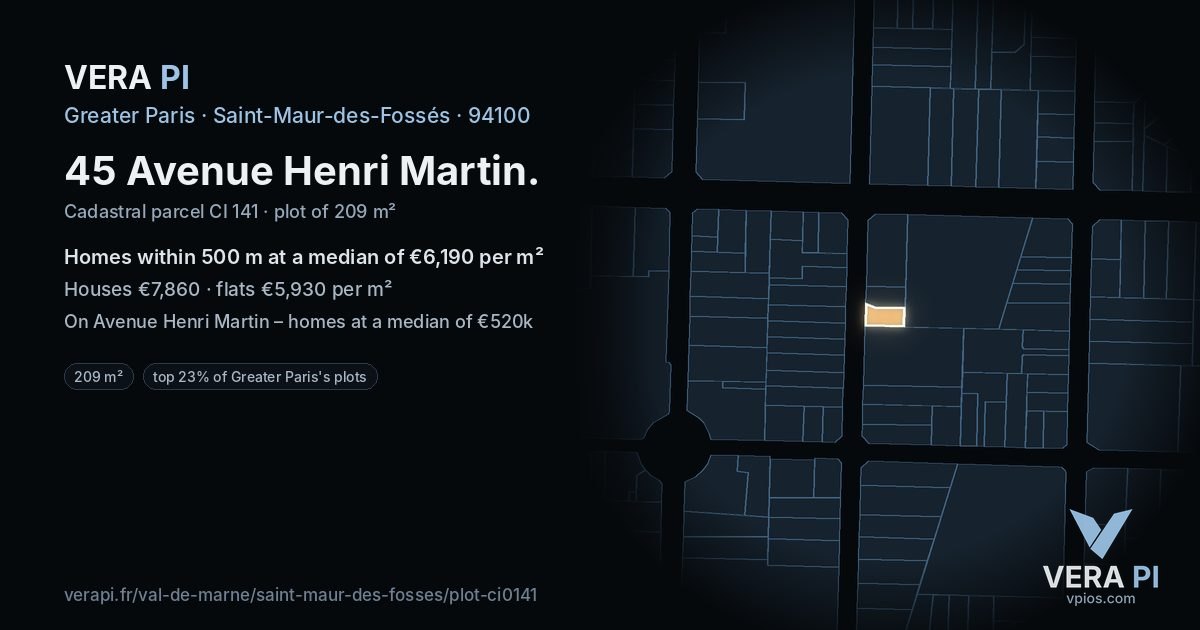 45 Avenue Henri Martin, Saint-Maur-des-Fossés at night – the plot lit, the parcels around coloured by the prices near them