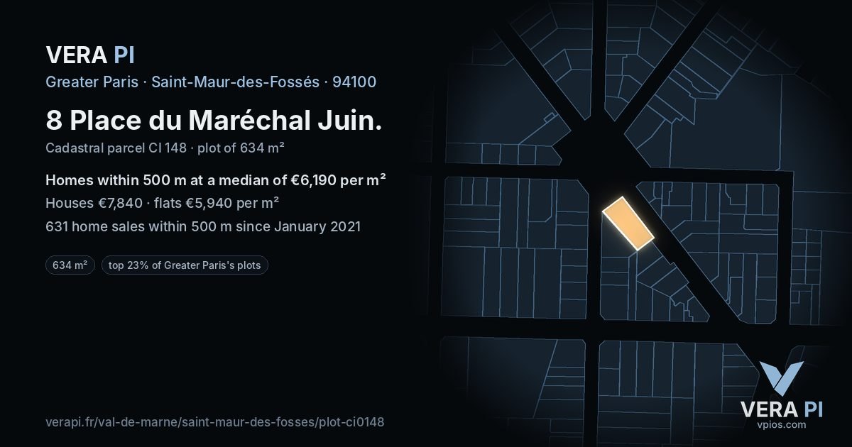 8 Place du Maréchal Juin, Saint-Maur-des-Fossés at night – the plot lit, the parcels around coloured by the prices near them