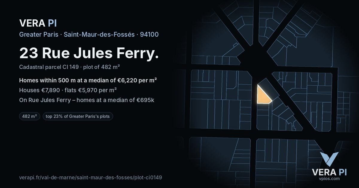 23 Rue Jules Ferry, Saint-Maur-des-Fossés at night – the plot lit, the parcels around coloured by the prices near them