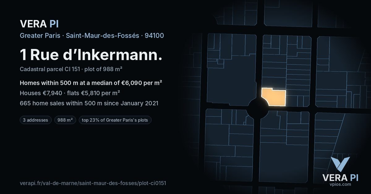 1 Rue d’Inkermann, Saint-Maur-des-Fossés at night – the plot lit, the parcels around coloured by the prices near them