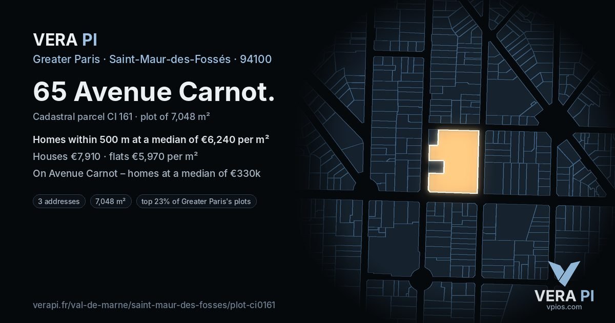 65 Avenue Carnot, Saint-Maur-des-Fossés at night – the plot lit, the parcels around coloured by the prices near them