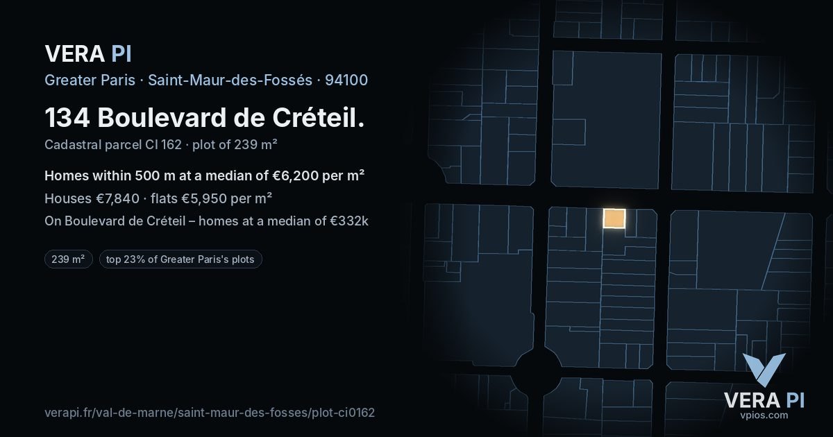134 Boulevard de Créteil, Saint-Maur-des-Fossés at night – the plot lit, the parcels around coloured by the prices near them