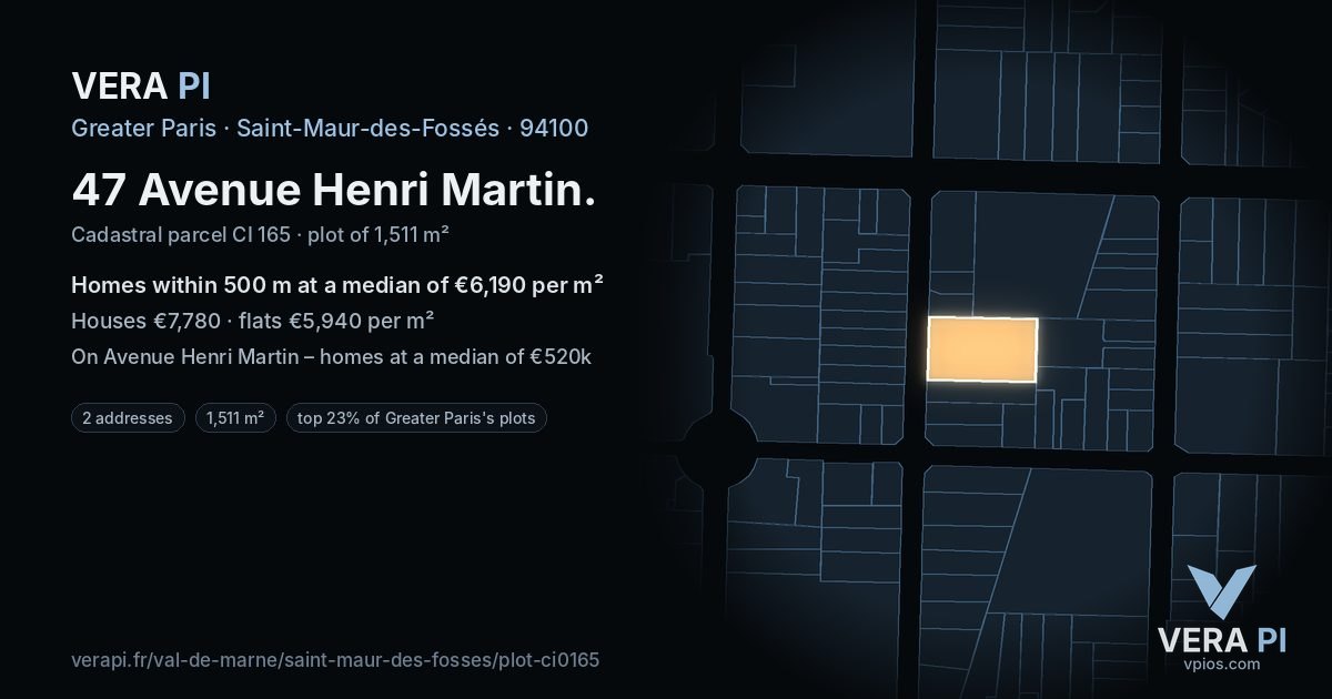 47 Avenue Henri Martin, Saint-Maur-des-Fossés at night – the plot lit, the parcels around coloured by the prices near them