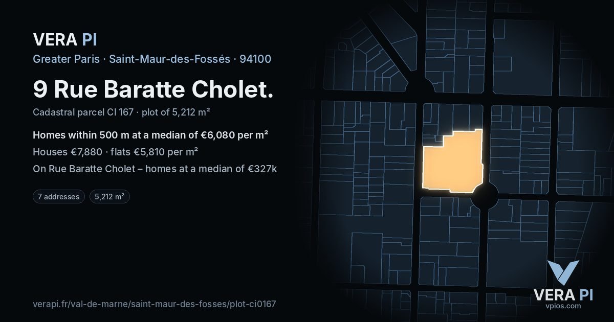 9 Rue Baratte Cholet, Saint-Maur-des-Fossés at night – the plot lit, the parcels around coloured by the prices near them