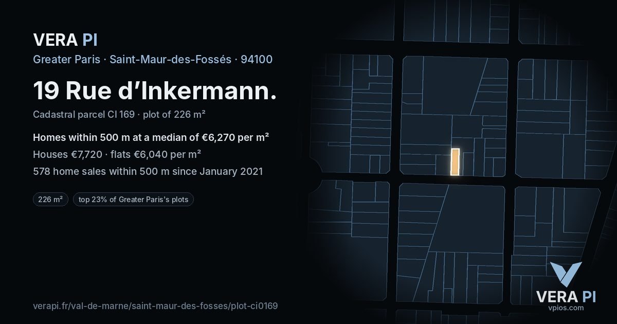 19 Rue d’Inkermann, Saint-Maur-des-Fossés at night – the plot lit, the parcels around coloured by the prices near them