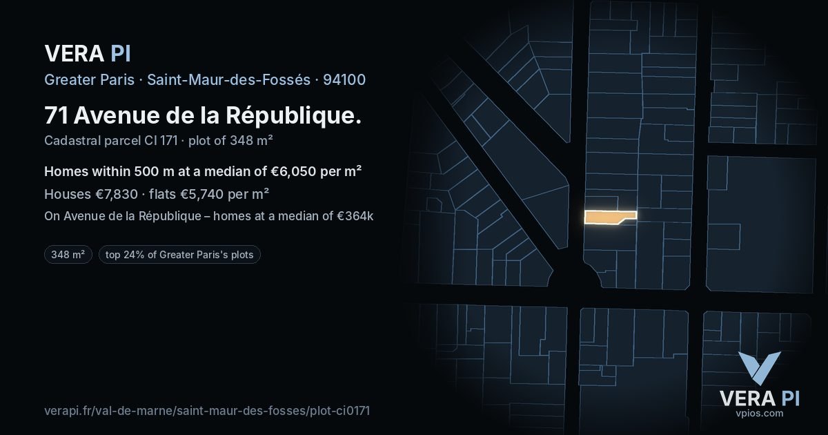 71 Avenue de la République, Saint-Maur-des-Fossés at night – the plot lit, the parcels around coloured by the prices near them