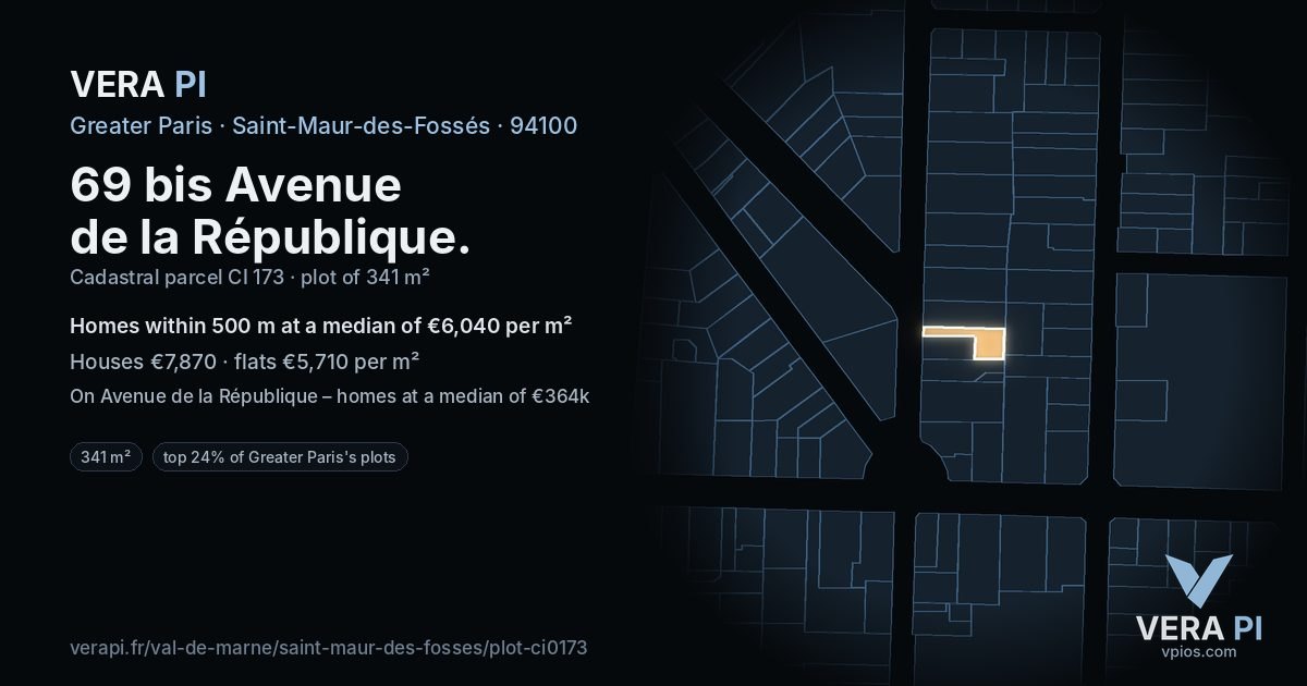 69 bis Avenue de la République, Saint-Maur-des-Fossés at night – the plot lit, the parcels around coloured by the prices near them