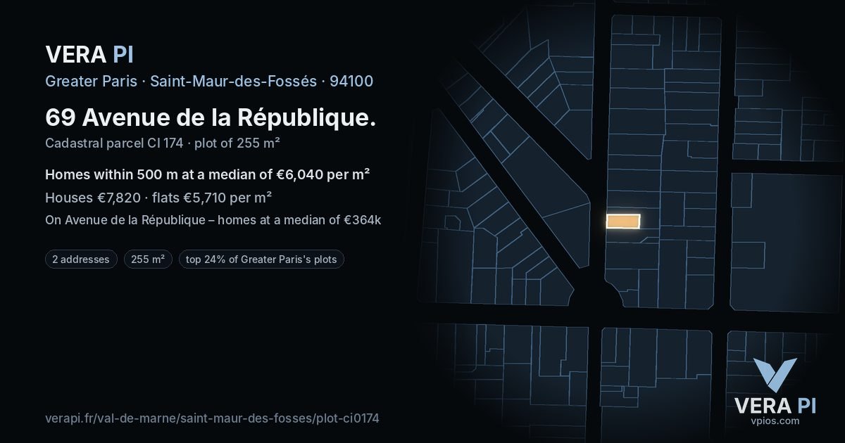 69 Avenue de la République, Saint-Maur-des-Fossés at night – the plot lit, the parcels around coloured by the prices near them