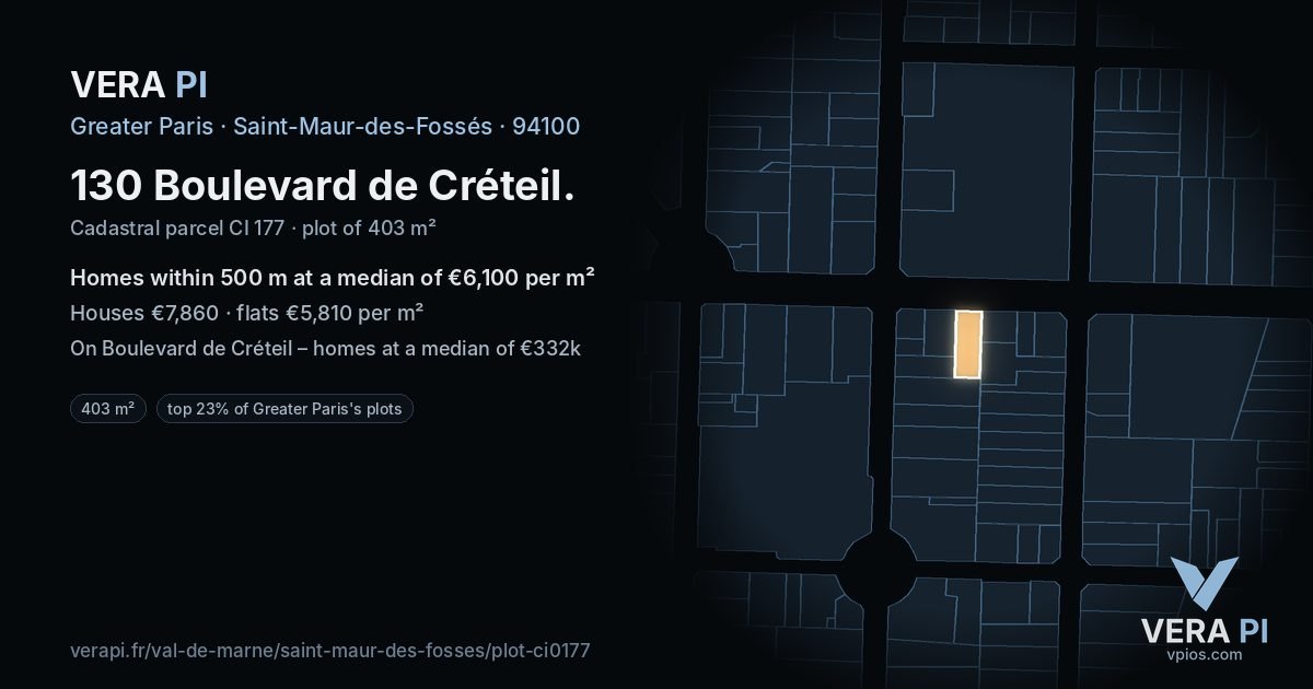 130 Boulevard de Créteil, Saint-Maur-des-Fossés at night – the plot lit, the parcels around coloured by the prices near them