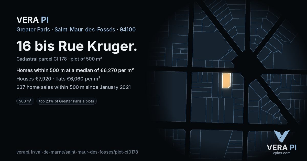 16 bis Rue Kruger, Saint-Maur-des-Fossés at night – the plot lit, the parcels around coloured by the prices near them
